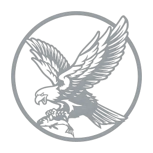 Round steel art of an eagle in flight with a fish in its talons, set against a circular frame on a black background.